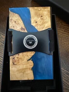 Blue & Natural Burl Wood Money Clip Wallet Card Holder